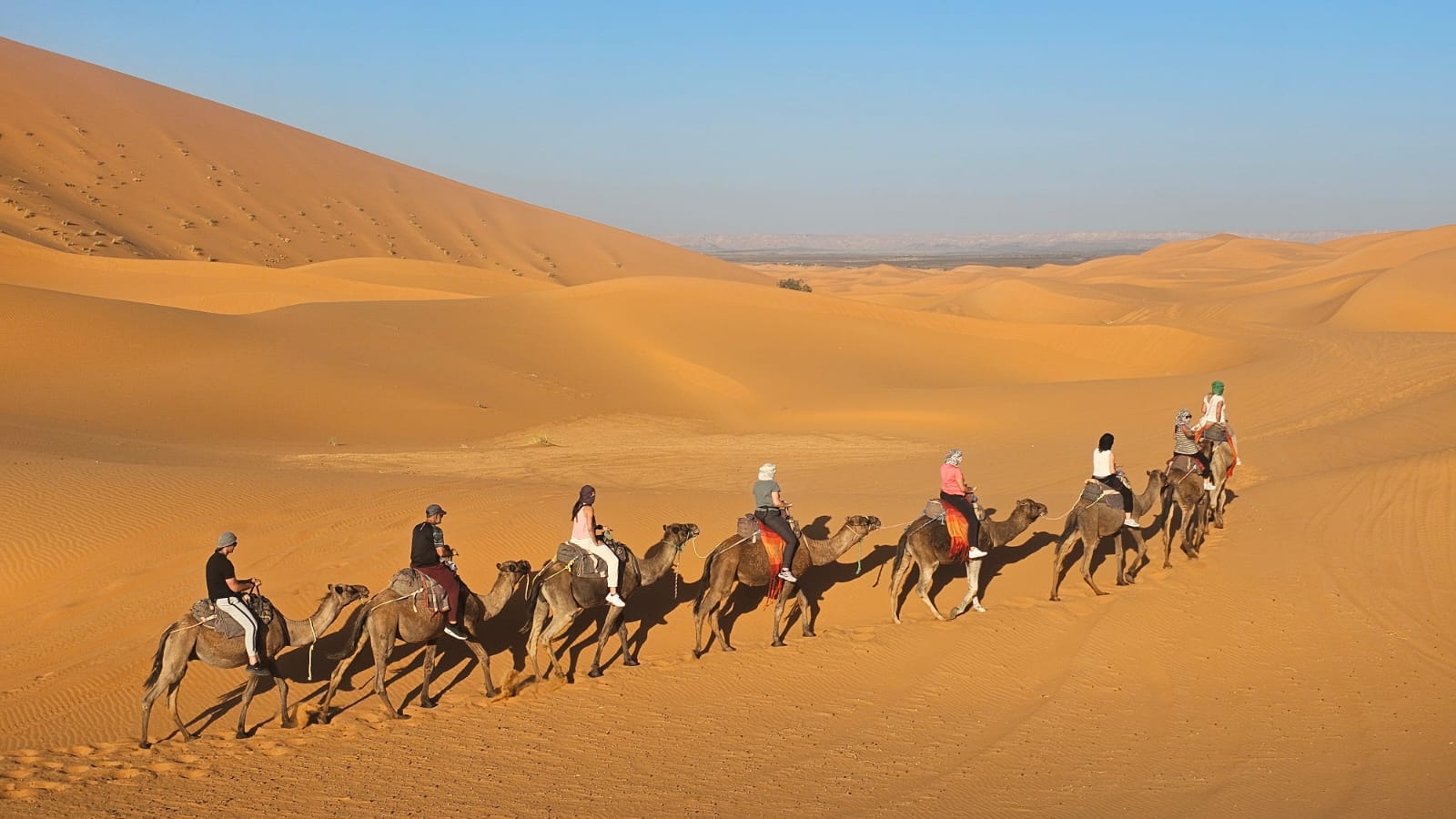 Caravana de camellos cruzando las dunas del desierto de Merzouga, un paisaje soñado en nuestros viajes.